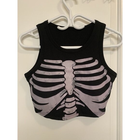 Xinyubaby Tops - Skeleton Print Ribbed Black Tank Top Crop Top